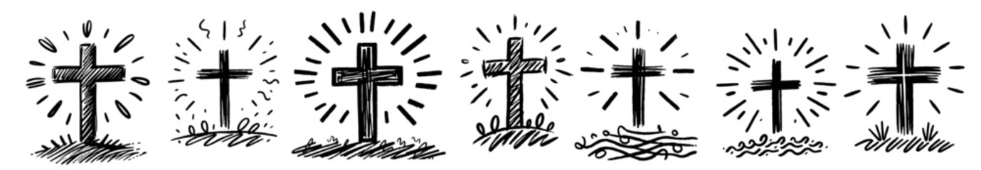 set of cross illustrations with radiant light