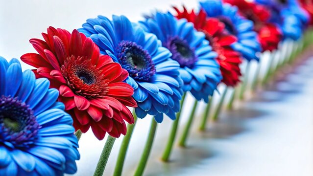 Photo of a row of flowers with blue and red petals at a tilted angle