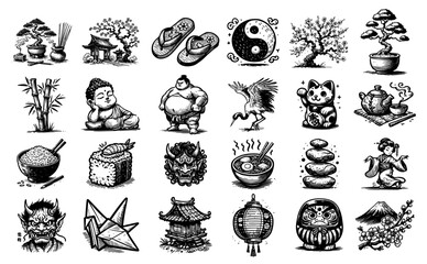 collection of traditional japanese cultural icons