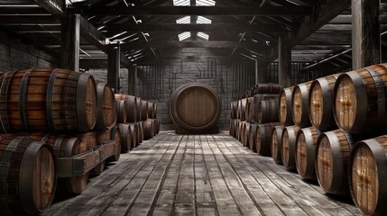 Whiskey, bourbon, scotch barrels in a row, a large warehouse facility.