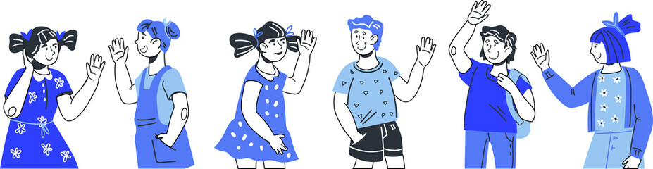Group of children greeting each other, saying Hello, smiling and waving hands.