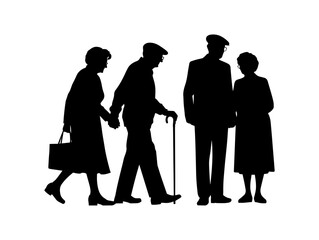 Vector illustration. An elderly couple of pensioners. A large set of people.	