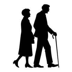 Vector illustration. Minimalism. Silhouette couple man and woman. Pensioners. Old men. An elderly couple.	
