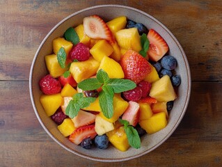 A delicious fruit salad featuring mixed fruits, fresh mint leaves, and a light drizzle of honey. This healthy snack is rich in vitamins and makes for a refreshing summer treat.