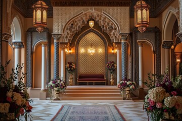 Obraz premium Ornate interior featuring a grand archway and floral arrangements for ceremonial purposes.