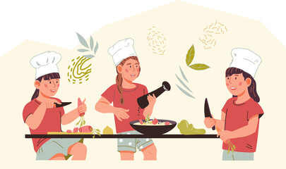 Cute children learn cooking and develop a love for food preparation. Kids cooking classes banner or poster design.