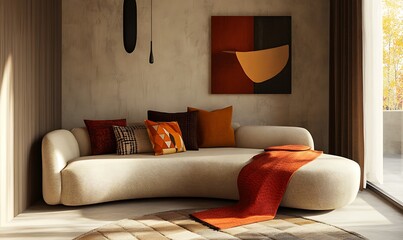  Contemporary interior design featuring a curved sofa, vibrant throw blankets, and geometric pillows, accented by a minimalist hanging lamp. 