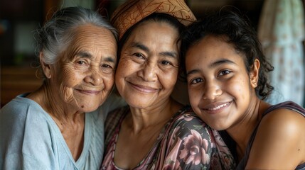 Three generations of women embracing and smiling together, celebrating family bond and love