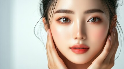 Close-up of a beautiful Asian woman with glowing skin, posing in a studio setting. Ideal for beauty, skincare, and cosmetics advertisements. High quality image for conceptual and promotional use. gene