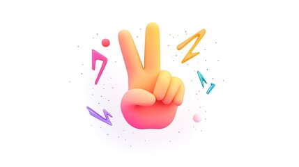3D illustration of a hand showing the peace sign gesture, surrounded by colorful abstract shapes.