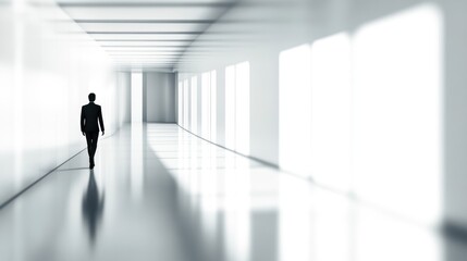 Fototapeta premium A solitary figure walks through a bright, minimalistic hallway, suggesting contemplation.