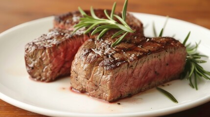 Juicy Grilled Steak Served on Plate with Fresh Rosemary and Thyme Garnish