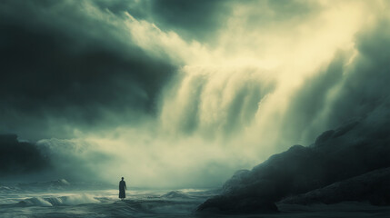 A misty waterfall cascading down amidst a cloudy sky, creating a mystical and ethereal scene with soft tones of blue and gray.