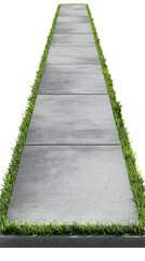 Concrete pathway bordered by lush green grass on white isolated background.