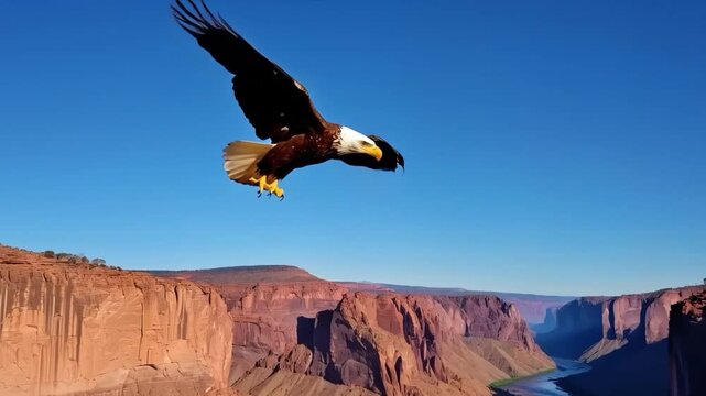 A majestic bald eagle soars over a vast canyon, wings spread wide against a clear blue sky. The rugged red cliffs and winding river below create a breathtaking