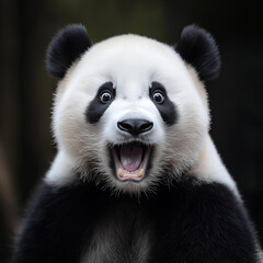 Obraz premium A joyful close-up shot of a panda bear, expressing surprised and excitement. The playful look on its face brings a lighthearted and charming energy, celebrating the beauty and innocence of nature