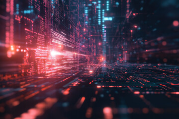 Exploring a vibrant digital landscape filled with glowing data streams and futuristic visuals in a cybernetic world. Generative AI