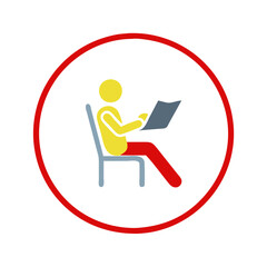 Person sitting and working on laptop icon, simple vector