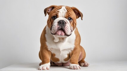 Fototapeta premium Portrait of Red english bulldog on grey background