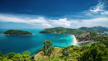 Naklejka premium Panoramic aerial view of beautiful tropical beach on Seychelles