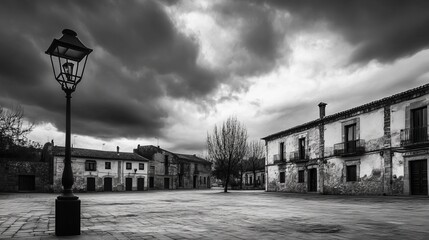 Obraz premium A black and white image of a deserted town square with historic buildings and a lamp post under a cloudy sky. Medinaceli. Spain