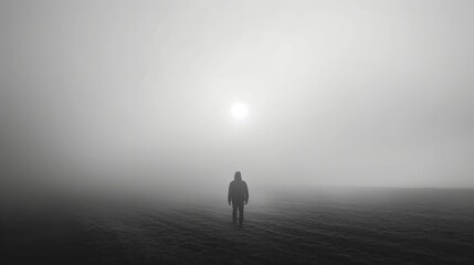 Lone figure walking through misty ethereal landscape