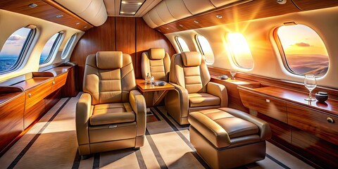 Elegant Interior of Luxurious Private Airplane with Empty Leather Chair and Sunlight Exposure