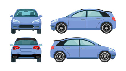 Realistic 3D Hybrid Blue Hatchback Car: Eco-Friendly Design with Front, Rear, Side, and Back Views. Vector illustrations.