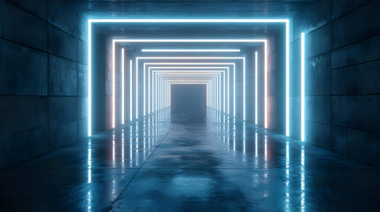Neon Lights Reflecting in a Wet Concrete Hallway 3D Illustration
