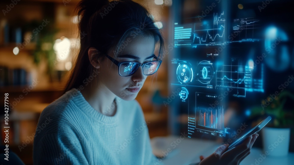 Aufkleber A young woman with glasses focuses intently on her smartphone while surrounded by digital data displays. The setting is a contemporary workspace filled with books and ambient lighting.