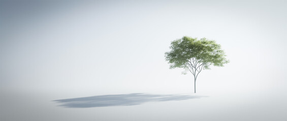 Obraz premium Minimalist 3D render of a single green tree standing alone on a soft, white background, evoking a sense of tranquility and simplicity. Horizontal image suitable for nature-themed designs.