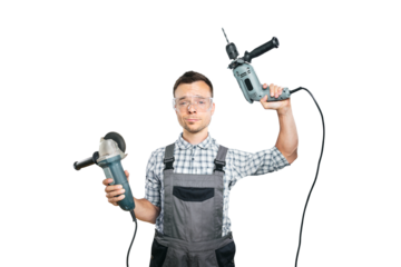 Portrait of a Handyman Holding Power Tools Isolated from Background
