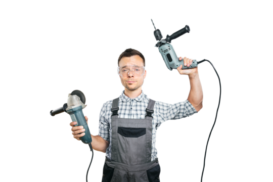 Portrait of a Handyman Holding Power Tools Isolated from Background - Powered by Adobe
