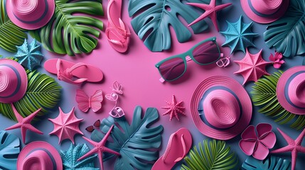 Vibrant Beach Accessories Arranged on a Colorful Backdrop in a Tropical Setting