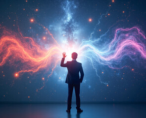 Fototapeta premium A man in a suit holds out his hand to the bright glow