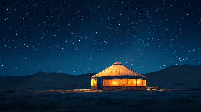 A yurt is lit up under the stars. Mongolian Yurt. Illustration