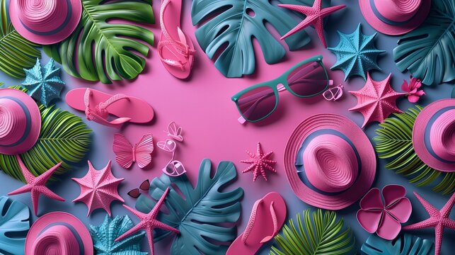 Vibrant Beach Accessories Arranged on a Colorful Backdrop in a Tropical Setting - Powered by Adobe