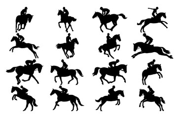 set of a Silhouette of a man riding a horse on a white background. equestrian sport silhouette
