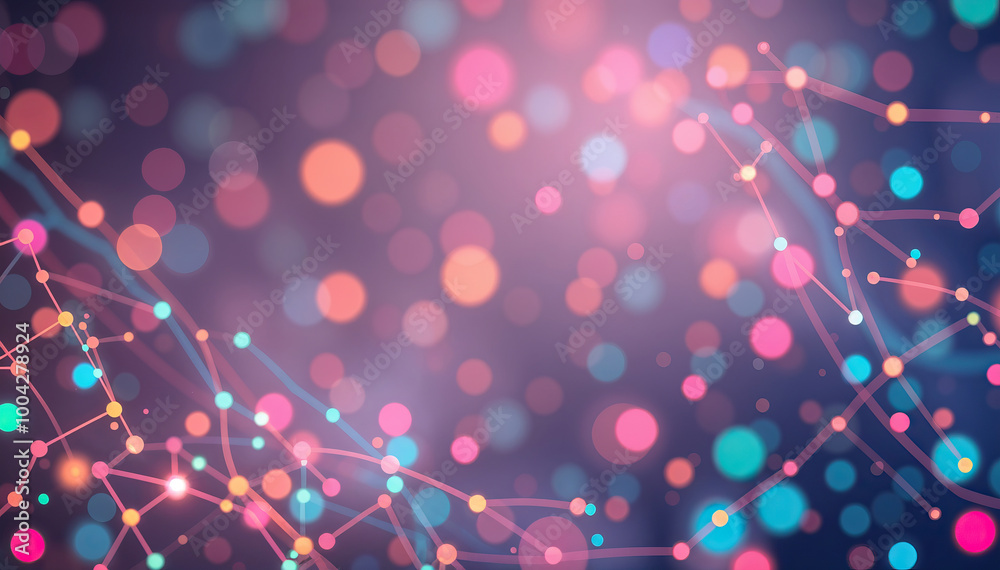 Poster glowing network of connected dots lines in colorful bokeh technology background