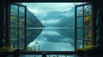 Serene mountain view through an open window overlooking a lake.