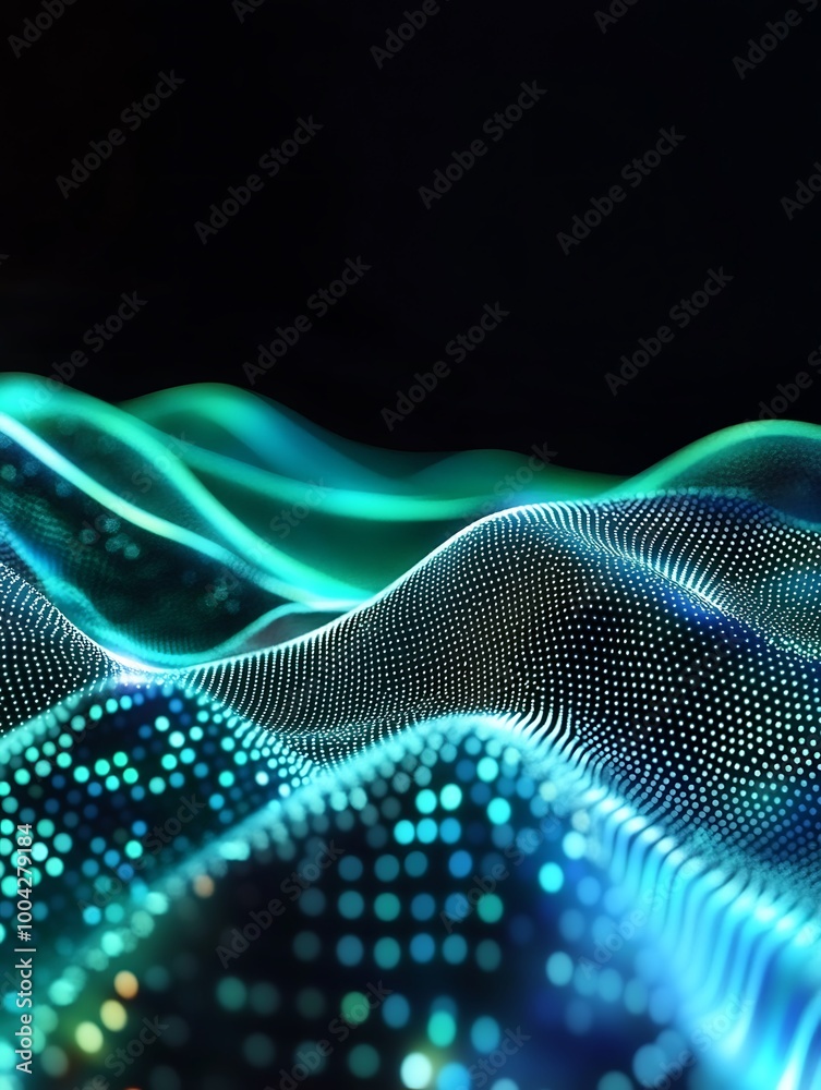 Poster abstract digital waves with glowing dots create a mesmerizing visual effect on a dark background. a 
