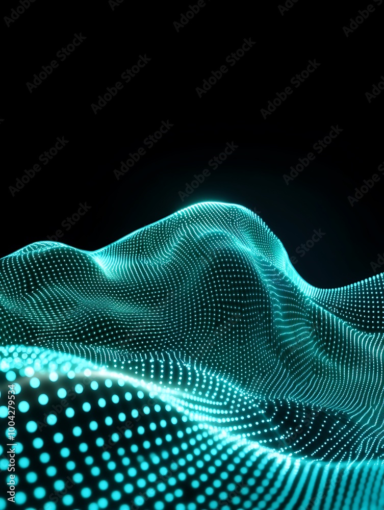 Poster abstract digital waves with glowing teal dots, creating a dynamic and modern visualization on a dark