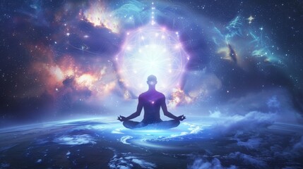 Fototapeta premium Meditating Figure in Cosmic Landscape of Stars and Galaxies
