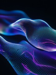 Abstract digital waves with vibrant colors and intricate patterns on a dark background. A minimalist poster in metallic and chrome gradient style.