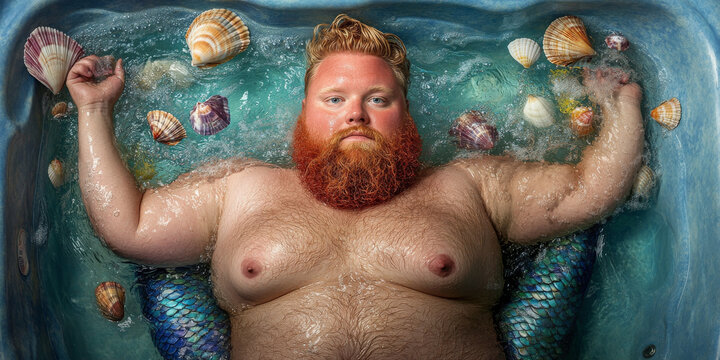 Mermaid in the Tub: A bearded man with a mermaid tail floats in a bathtub surrounded by seashells, his expression is relaxed and peaceful, capturing the beauty and tranquility of self-acceptance. 