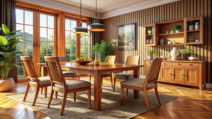 Elegant Wooden Dining Set with Chairs in Cozy Modern Dining Room Interior Design for Entertaining