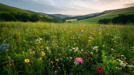 Fototapeta premium Lush green meadow with vibrant wildflowers rolling hills and a picturesque countryside backdrop captured in the soft warm glow of the golden hour using a wide angle a painterly