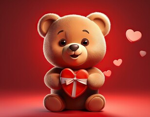 Obraz premium Cute Cartoon Teddy Bear. Holding a Heart Shaped Box of Chocolates on a Red Background 