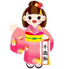 千歳飴を持ったかわいい七五三の着物を着た女の子イラスト