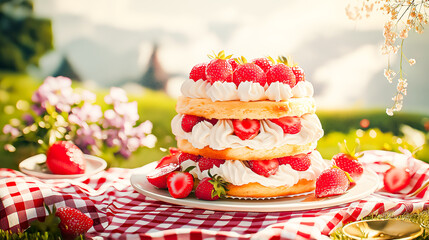 Obraz premium Whimsical Strawberry Shortcake in a Sunlit Garden